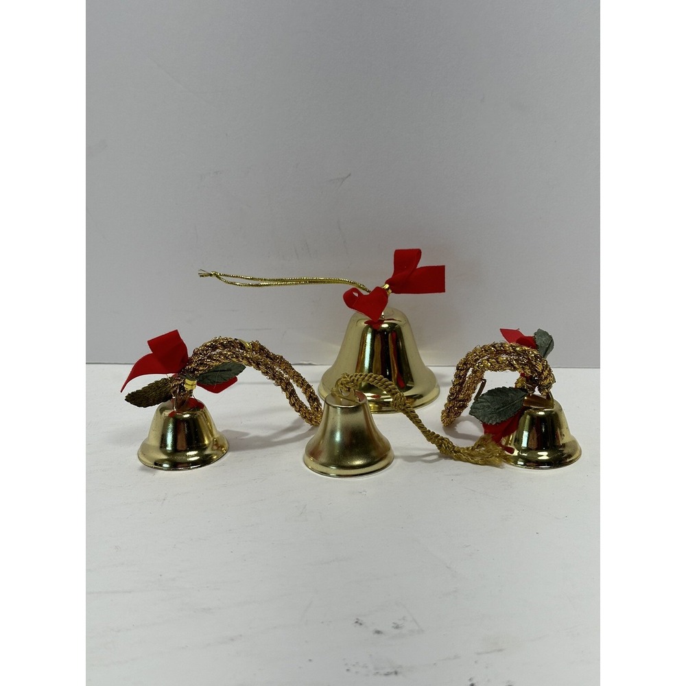 Lot Of 4 Gold Color Rustic Vintage Iron Tin Metal Ornaments Jingle Bells 1980's